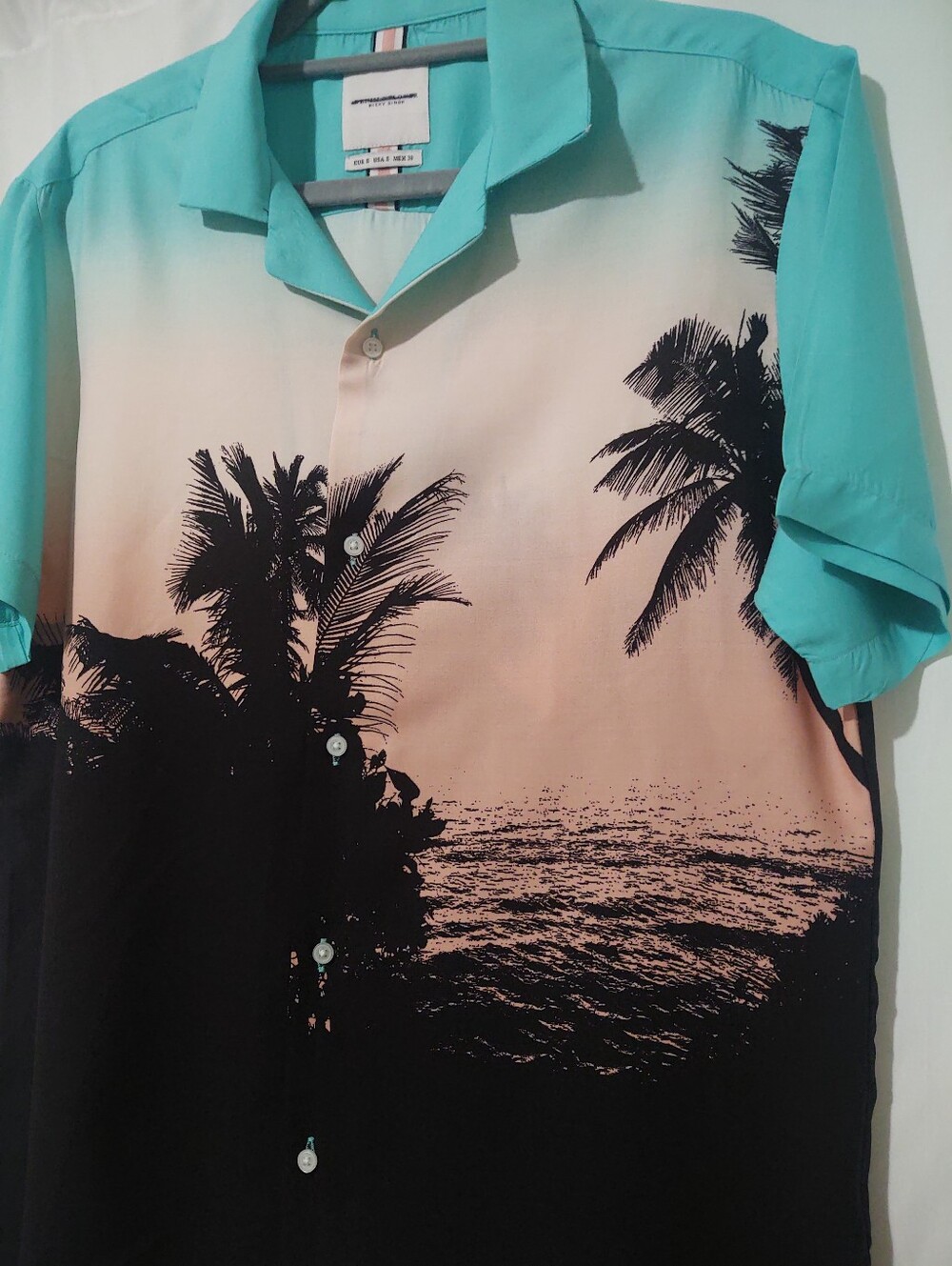 Men's Denim & Flower Turquoise and Black Sunset Palm Button-Down Shirt Sz Small
